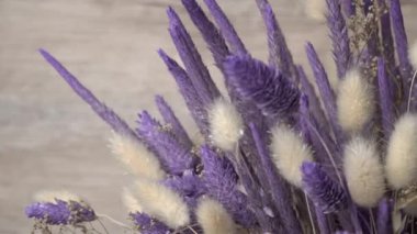 Dried flowers in purple hues rotate close-up. Beautiful lagurus, falyaris and spikelets in a beautiful bouquet. Gift bouquet of dried flowers.