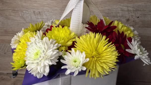 Bunga Dalam Keranjang Chrysanthemums Dari Warna Yang Berbeda Berputar Hadiah — Stok Video