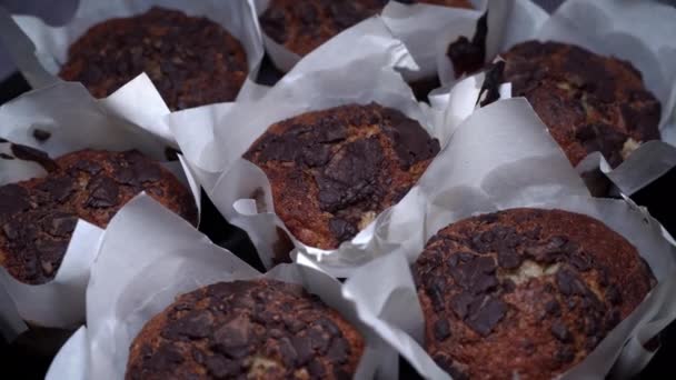 Étvágygerjesztő Csokis Muffinok Egy Közeli Felvételen Forognak Finom Desszert Lassan — Stock videók