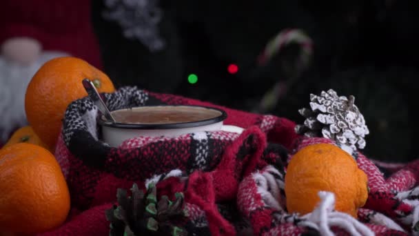 Girl Drinks Coffee Cozy New Years Atmosphere Background Christmas Tree — 비디오