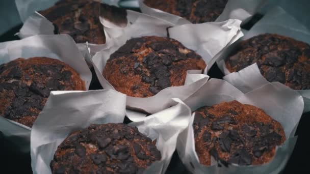 Muffins Chocolate Apetitosos Estão Girando Close Prato Deliciosa Sobremesa Lentamente — Vídeo de Stock