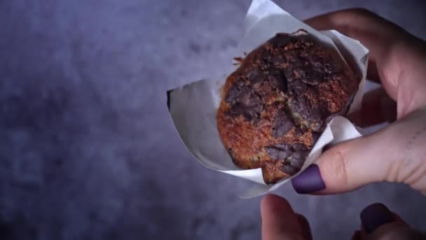 Appetizing Chocolate Muffin Rotates Place Inscription Side Delicious Dessert Spinning — Video Stock