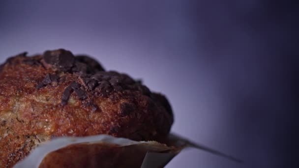 Appetizing Chocolate Muffin Rotates Place Inscription Side Delicious Dessert Spinning — Vídeo de Stock