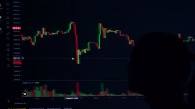 Şifreli değiş tokuş ve grafiklerin arkasındaki kız silueti. Bitcoin 'in yükselişi ve düşüşü. Borsa, kripto döviz şeması. Ekranda şifreli para birimlerinin grafiği.