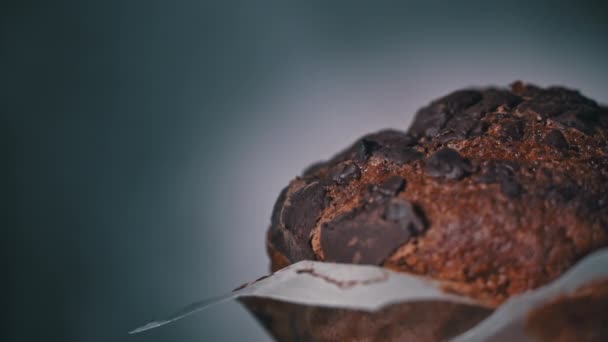 Appetizing Chocolate Muffin Rotates Place Inscription Side Delicious Dessert Spinning — 图库视频影像