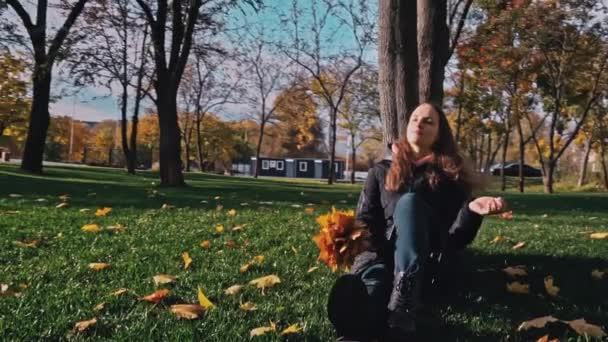 一位年轻的妇女坐在秋天公园的一棵树旁 手里拿着一束枫叶 这个女孩享受着温暖的秋天 沐浴在阳光下 在秋天阳光灿烂的公园里散步 — 图库视频影像