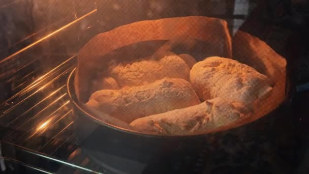 Chleb Domowej Roboty Jest Pieczony Piekarniku Bliska Organiczny Świeży Chleb — Wideo stockowe