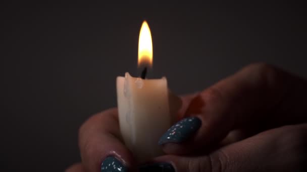 Mans Hands Hold Candle Dark Close Paraffin Wax Candle Burns — Stock Video