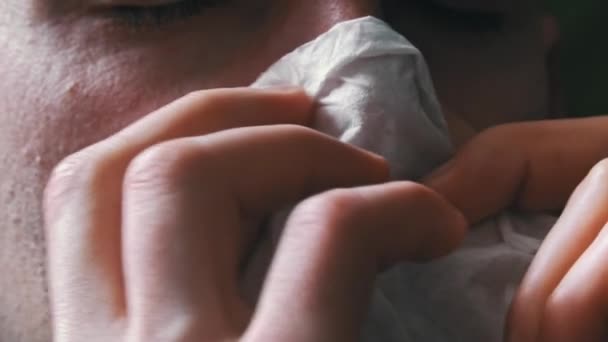 Man Red Nose Blew His Nose White Napkin Close Sick — Stock Video
