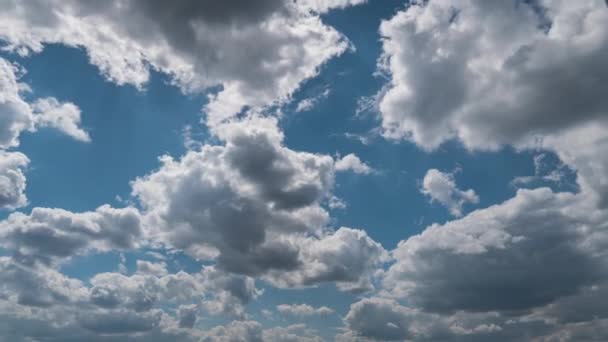 白色蓬松的云彩缓慢地在蓝天中飘扬 美丽的天空在移动 毛茸茸的白云飘移到一边 — 图库视频影像