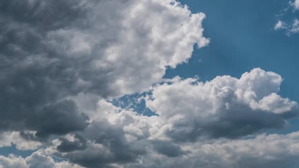 白色蓬松的云彩缓慢地在蓝天中飘扬 美丽的天空在移动 毛茸茸的白云飘移到一边 — 图库视频影像