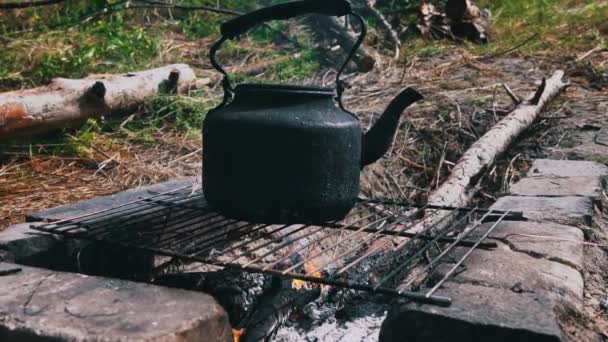 Kettle Fierbe Foc Deschis Timpul Zilei Picnic Pădure Fierbătorul Este — Videoclip de stoc