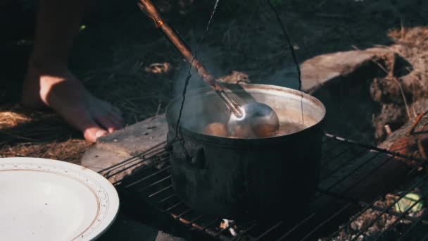 ジャガイモは日中に開いた火事で大きなカルドロンで調理されます 森のピクニック その鍋は火にかけられ 水を沸騰させる キャンプポットは木の火に新しいジャガイモを調理します — ストック動画