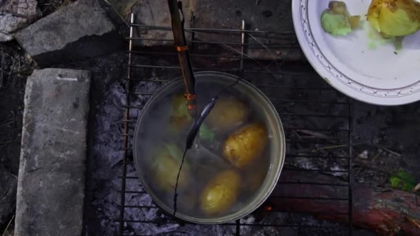 Πατάτες Μαγειρεύονται Ένα Μεγάλο Καζάνι Πάνω Από Μια Ανοιχτή Φωτιά — Αρχείο Βίντεο