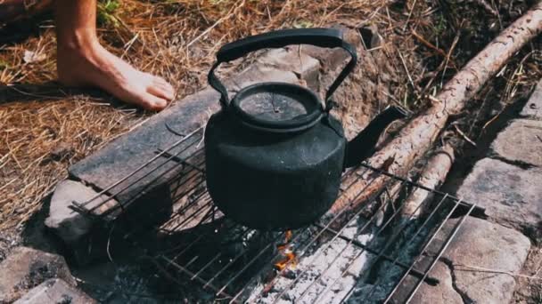 Der Wasserkocher Kocht Tagsüber Auf Offenem Feuer Picknick Wald Der — Stockvideo
