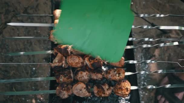 Kebap Izgarada Şişte Kızarıyor Sulu Güzel Açık Ateşte Pişirilir Mangallı — Stok video