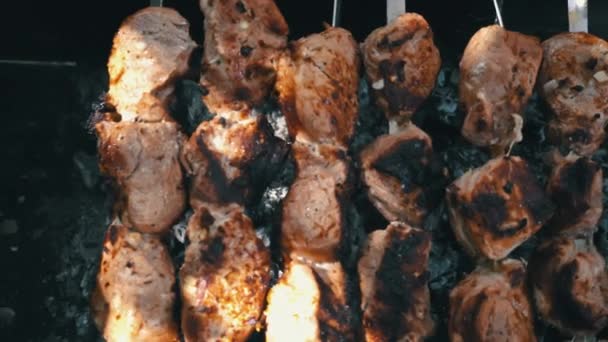 Kebab Fried Skewers Grill Juicy Beautiful Meat Cooked Open Fire — Stock Video