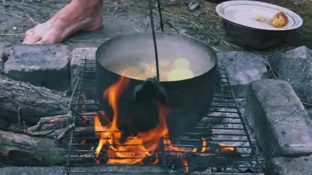 Kartoffeln Werden Tagsüber Einem Großen Kessel Über Offenem Feuer Gekocht — Stockvideo