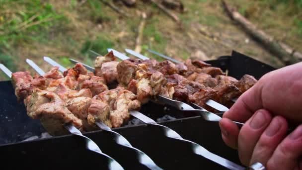 Kebab Smaží Špejlích Grilu Převrátí Šťavnaté Krásné Maso Vaří Otevřeném — Stock video