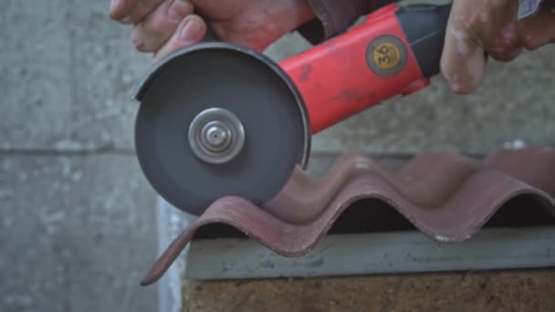 Man Works Slate Grinder Worker Uses Angle Grinder Construction Site — Stock Video