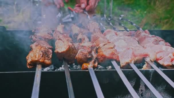 Kebab Nyárson Sült Grillben Lédús Gyönyörű Húst Nyílt Tűzön Sütik — Stock videók