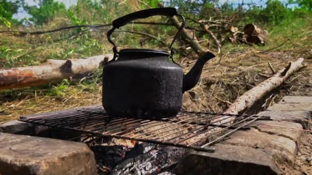 Ketel Kookt Overdag Een Open Vuur Picknick Het Bos Ketel — Stockvideo