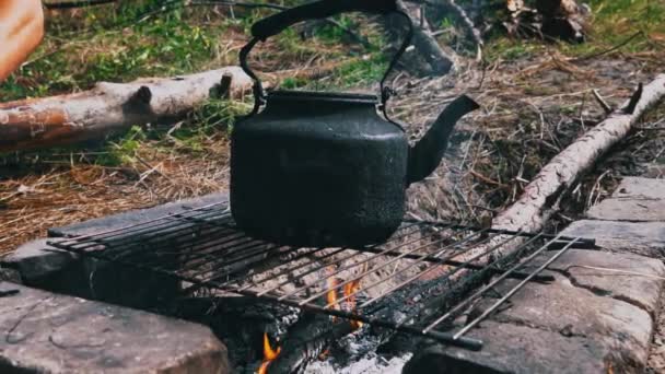 ケトルは日中 開いた火に沸騰する 森のピクニック ケトルは火にかけられ 水を沸かしています キャンプケトルは木の火で加熱されます — ストック動画