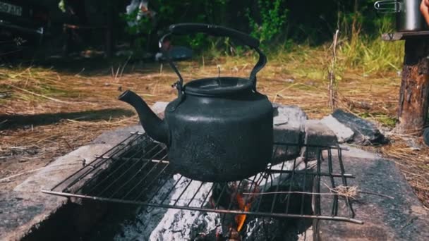 ケトルは日中 開いた火に沸騰する 森のピクニック ケトルは火にかけられ 水を沸かしています キャンプケトルは木の火で加熱されます — ストック動画