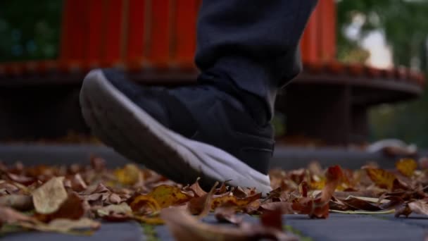 Mans Láb Lép Őszi Levelek Parkban Lassított Felvételen Egy Fiatalember — Stock videók
