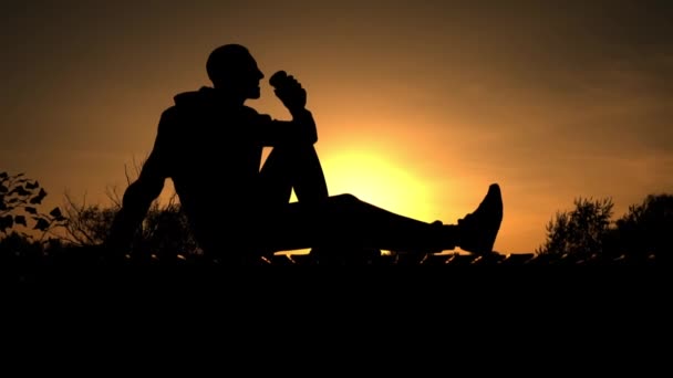 Silhouetted Man Sunset Drinks Coffee Bench Fragrant Coffee Evening Nature — Stock Video
