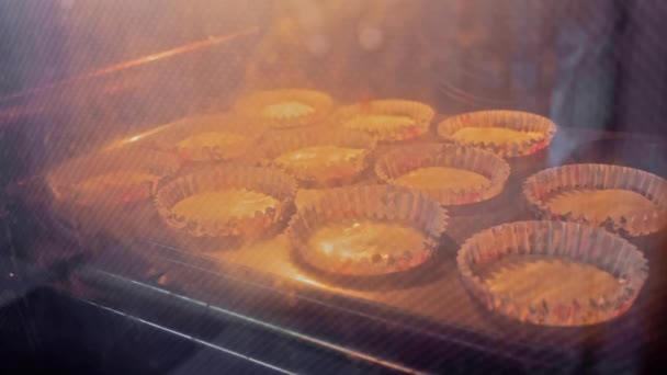 香草松饼在烤箱中烹调 上升和棕色 在家里的烤箱里烘焙糕点烤箱烘烤纸杯蛋糕点菜 烤箱里烤的蛋糕 — 图库视频影像