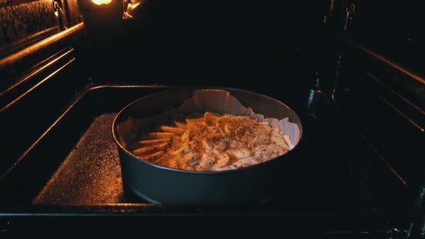 파이는 모양의 오븐에서 구워집니다 오븐에서 일어나는 맛있는 케이크 오븐에서 사과와 — 비디오