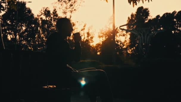 夕阳西下的轮廓人在长椅上喝咖啡 在自然界的夜晚 芬芳的咖啡 一个人在日落时喜欢喝咖啡 与自然独处的思想 自由思考的概念 — 图库视频影像