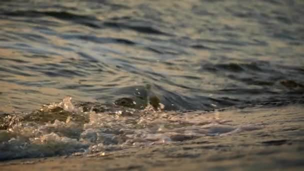 Dalgalar Kıyıda Günbatımını Yavaş Çekimde Yansıtıyor Güneşli Bir Yaz Gününde — Stok video