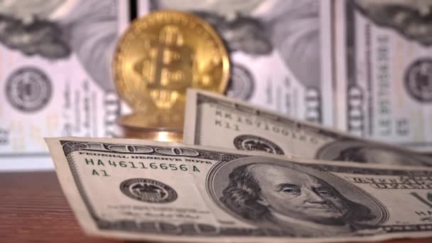 Close Man Counting Out Dollars Bitcoins Bitcoin Coin Digital Gold — Stock Video