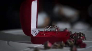 Altın alyanslar güzel bir kutuda dönüyor. Parmak için düğün aksesuarı. İki sevgi dolu kalp sonsuza dek birlikte. Düğün günü, yüzük değişimi..