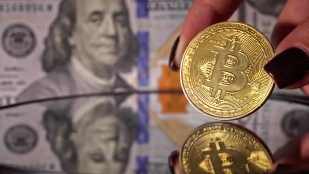 Bitcoin Moeda Fundo Dólares Bitcoin Moeda Ouro Digital Lado Das — Vídeo de Stock