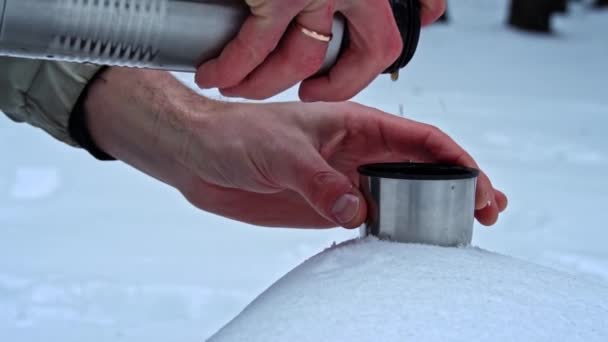 Heißer Tee Fließt Winter Aus Einer Thermoskanne Einem Verschneiten Wald — Stockvideo