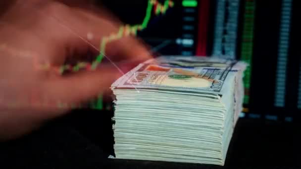 Časová Prodleva Stohu Dolarů Padajících Pozadí Kryptoměn Grafu Papírové Peníze — Stock video