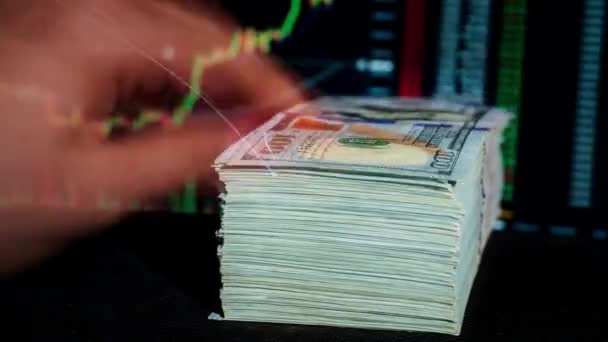 Lapso Tempo Pilha Dólar Caindo Fundo Gráfico Criptomoeda Dinheiro Papel — Vídeo de Stock