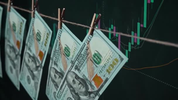 Dollars Hangen Een Wasknijper Tegen Achtergrond Van Cryptogeld Grafiek Beurs — Stockvideo