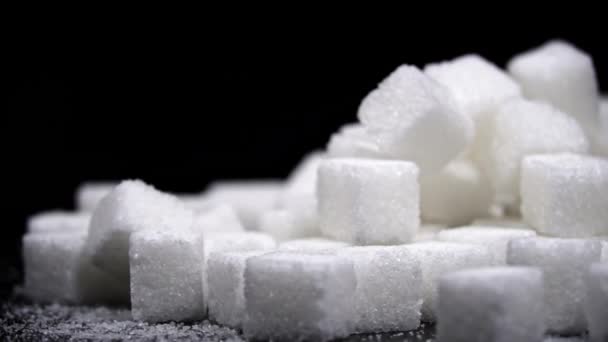 Montón Terrones Azúcar Blanco Sobre Fondo Negro Los Dulces Son — Vídeos de Stock