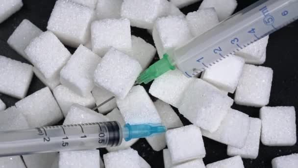 Açúcar Droga Cubos Açúcar Branco Seringa Doces São Prejudiciais Saúde — Vídeo de Stock