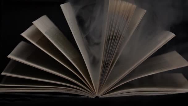 黒い背景に魔法の煙が付いたオープンページの古い神秘的な本 暗闇の中で魔法の光で魅了された本 オープンブックは 落下する煙の間の光のビームによって照らされたテーブルの上にあります — ストック動画