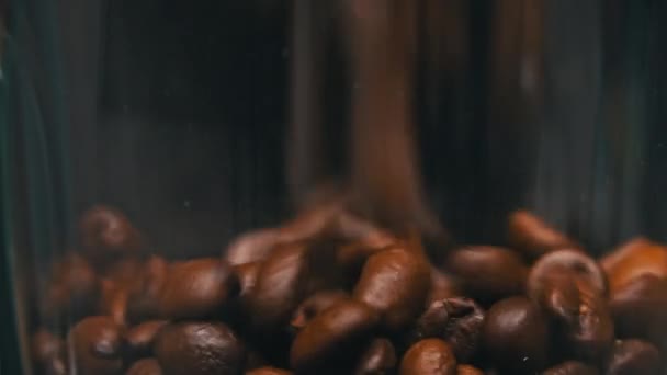 Кофейные Зерна Падают Замедленной Съемке Покрывают Экран Жареные Ароматические Коричневые — стоковое видео