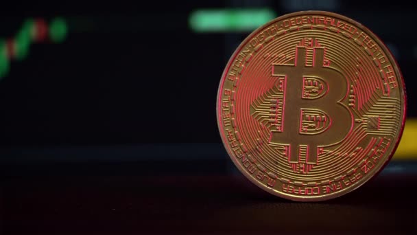 Bitcoin Contra Fondo Gráfico Criptomoneda Monedas Oro Bitcoins Éxito Inversión — Vídeo de stock