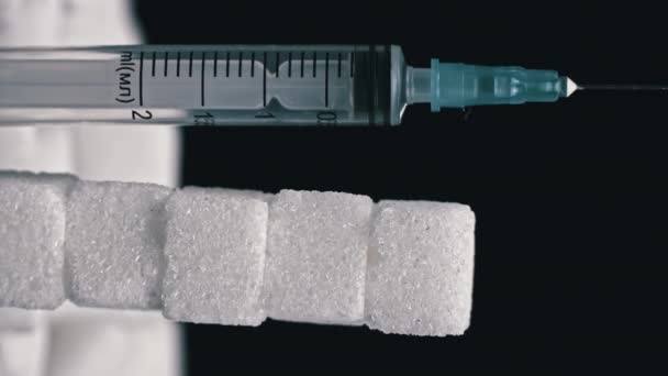 Сахар Наркотик Кубики Белого Сахара Шприц Свиты Вредны Здоровья Зависимость — стоковое видео