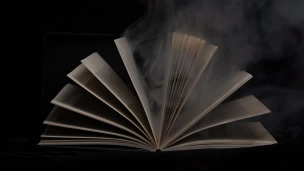 Старая Мистическая Книга Открытыми Страницами Волшебным Дымом Черном Фоне Зачарованная — стоковое видео