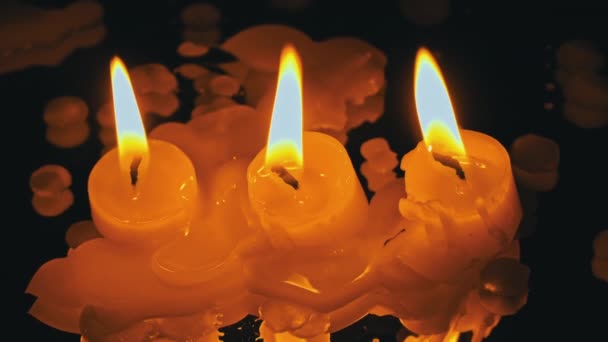 Τρία Κεριά Παραφίνης Καίγονται Στη Σειρά Μαύρο Φόντο Αντανάκλαση Τρία — Αρχείο Βίντεο