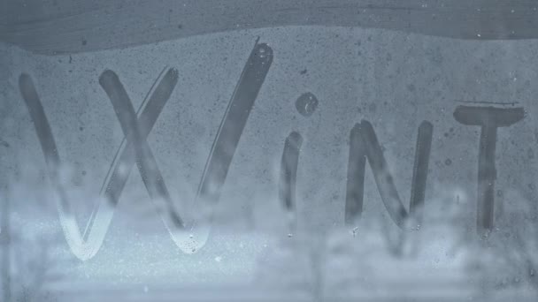 雪の嵐の間に凍った窓に指を付ける冬の碑文 雪の背景に書かれたWord Winter 凍った天気 雪の日と外の温度はゼロを下回っています — ストック動画